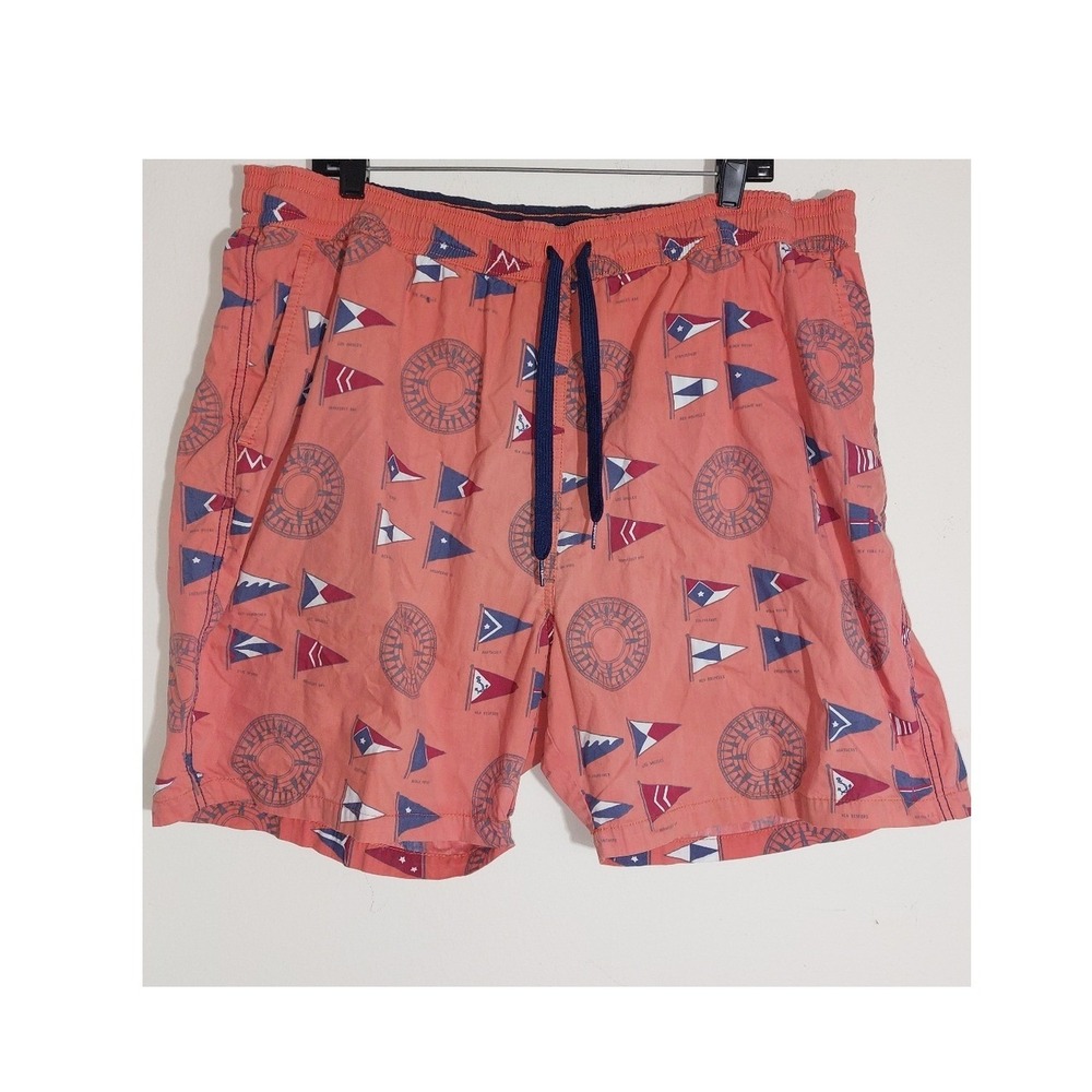 Reyn Spooner Swim Trunks Mens Size 2XL Coral Pink Nautical Flag Compass Good